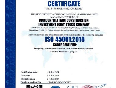 VINACON đón nhận chứng chỉ ISO 9001:2015, ISO 14001:2015 VÀ ISO 45001:2018