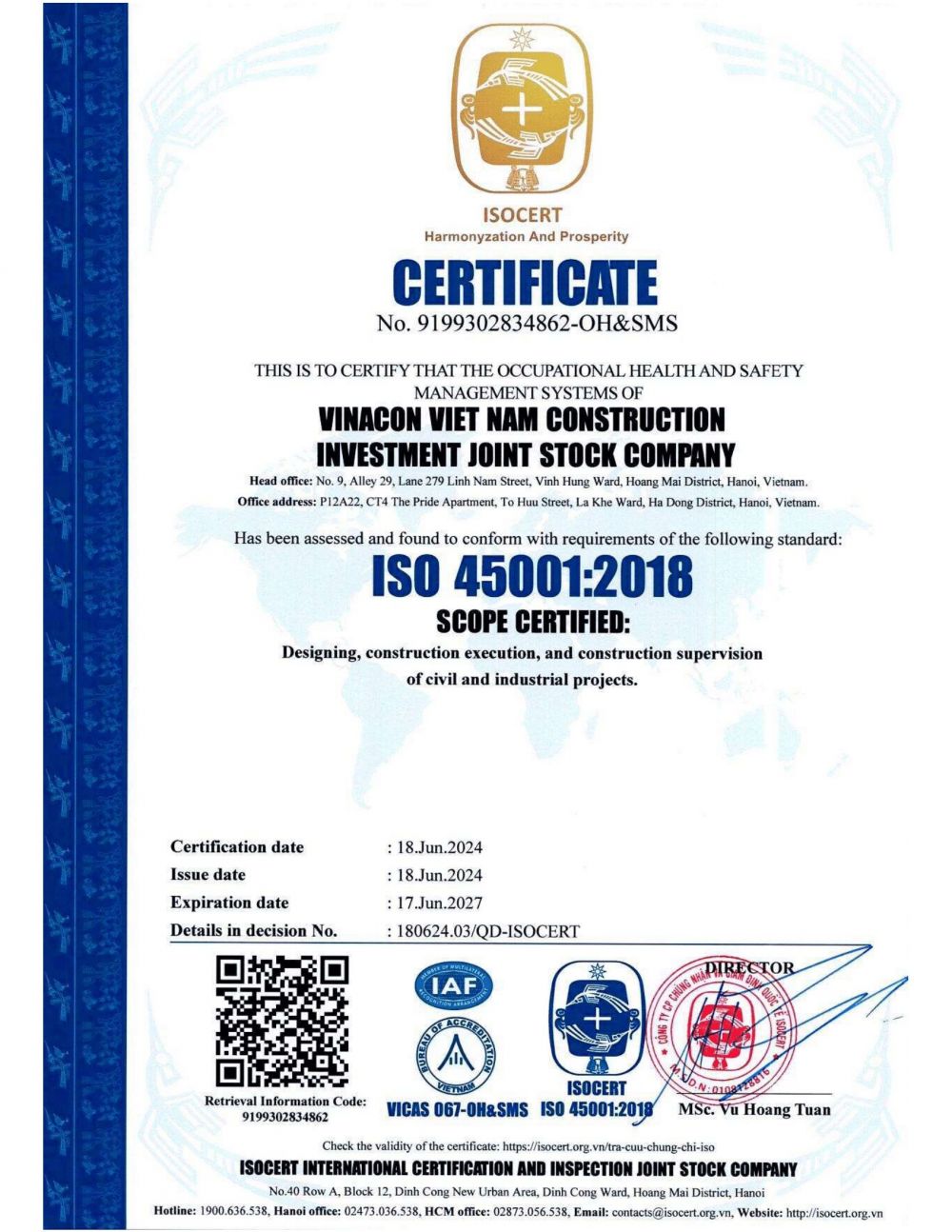 VINACON đón nhận chứng chỉ ISO 9001:2015, ISO 14001:2015 VÀ ISO 45001:2018