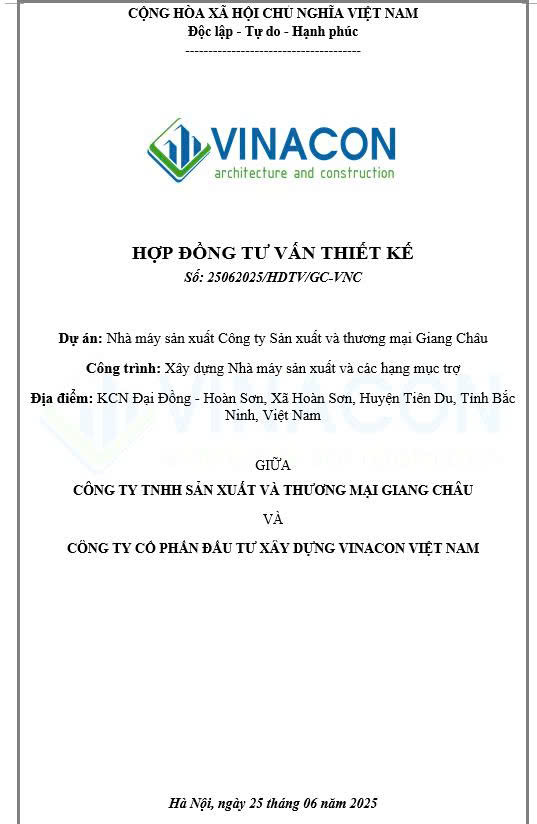 NHÀ XƯỞNG VINACON VIỆT NAM KÝ KẾT HỢP ĐỒNG TƯ VẤN THIẾT KẾ DỰ ÁN NHÀ MÁY GIANG CHÂU – BẮC NINH