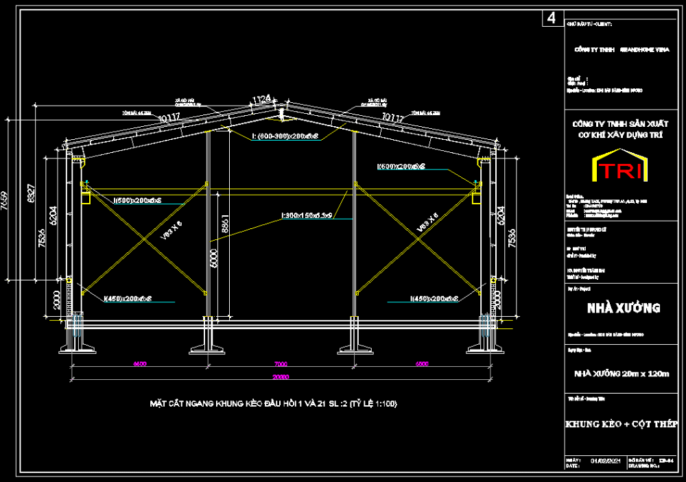 Bản vẽ nhà xưởng 1 tầng hoàn thiện 20x120m – Kiến trúc, kết cấu file CAD – ảnh xem trước 1