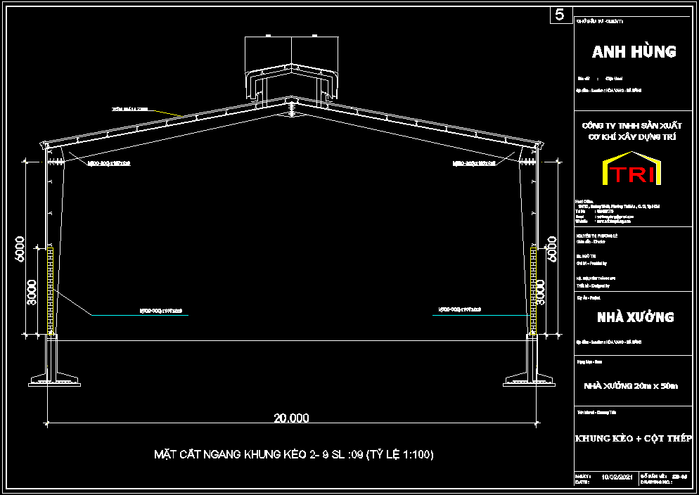 Bản vẽ nhà xưởng 1 tầng khung thép tiền chế 20x50m – Kiến trúc, kết cấu file CAD – ảnh xem trước 1