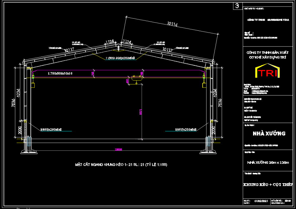 Bản vẽ nhà xưởng 20x120m có cầu trục hoàn thiện – Kiến trúc, kết cấu file CAD – ảnh xem trước 1