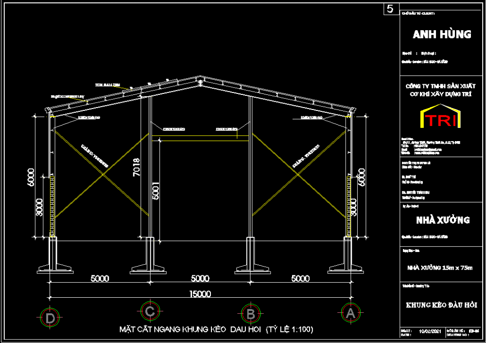 Bản vẽ nhà xưởng thép tiền chế 15x75m hoàn thiện – Kiến trúc, kết cấu file CAD – ảnh xem trước 1