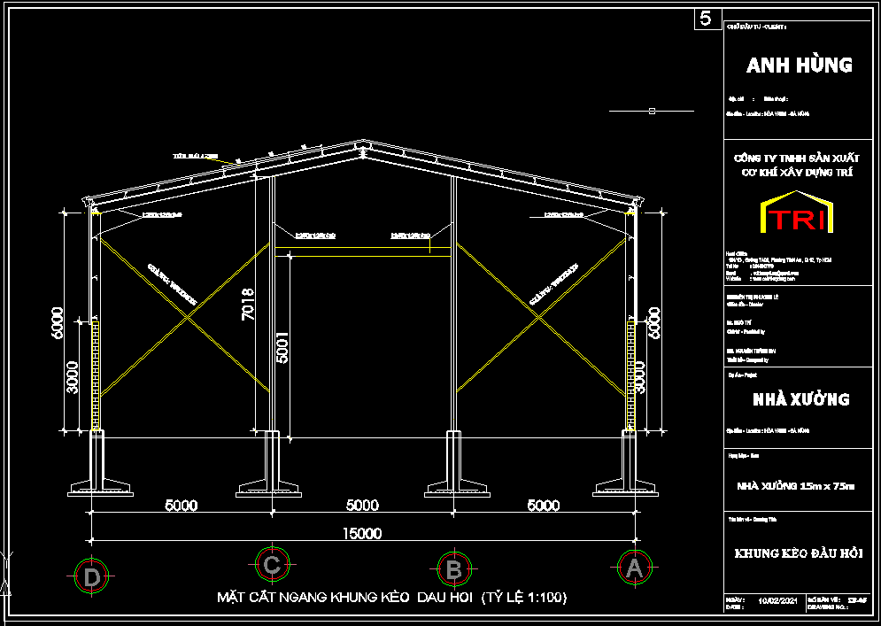 Bản vẽ nhà xưởng thép tiền chế 15x75m – Kiến trúc, kết cấu file CAD – ảnh xem trước 1