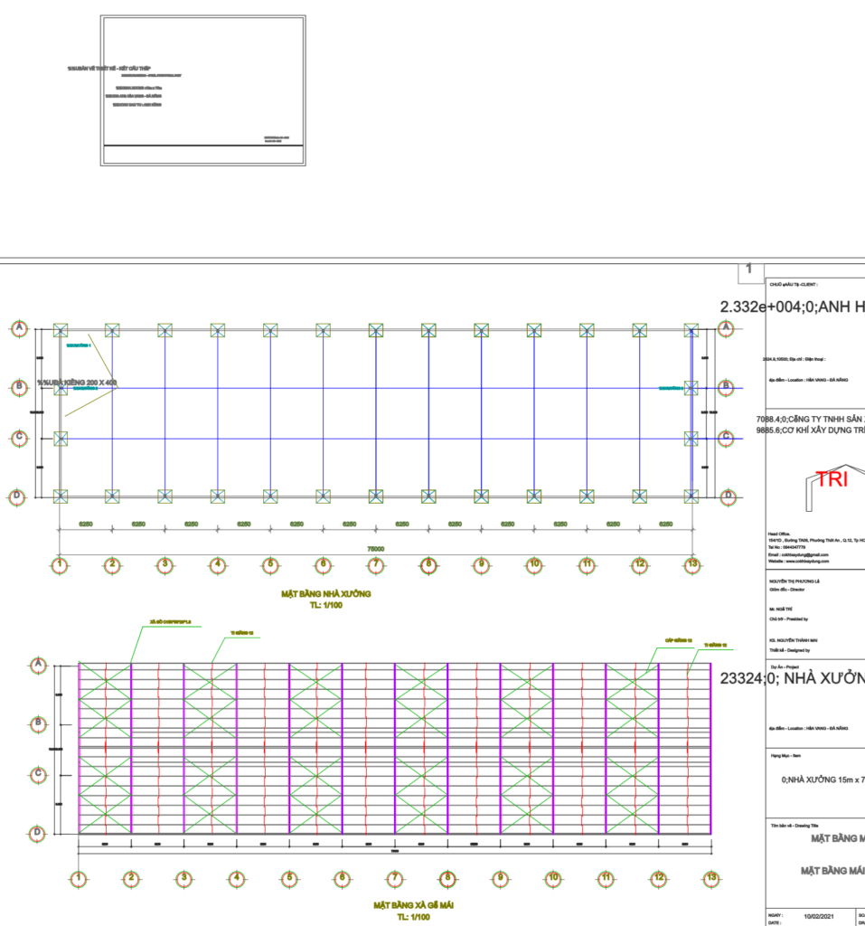 Bản vẽ nhà xưởng thép tiền chế 15x75m – Kiến trúc, kết cấu file CAD – ảnh xem trước 3