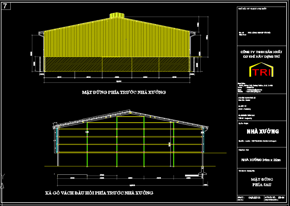 Bản vẽ nhà xưởng thép tiền chế 34x32m – Kiến trúc, kết cấu file CAD – ảnh xem trước 1