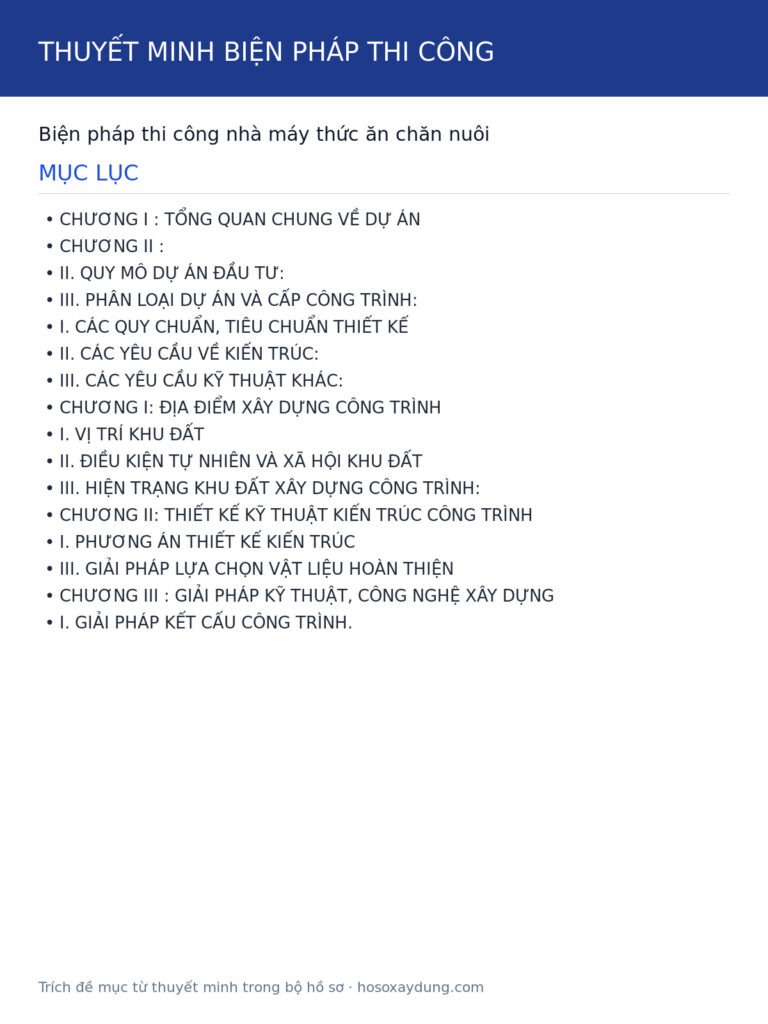 Biện pháp thi công nhà máy thức ăn chăn nuôi – Trọn bộ thuyết minh biện pháp (file Word) – ảnh xem trước 1